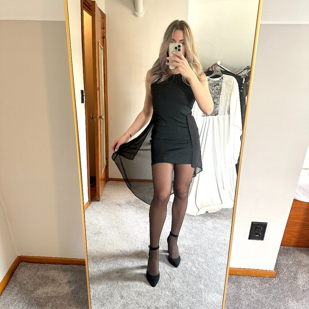 WOW couture hi-low sheer cape black bandage bodycon dress, Size S